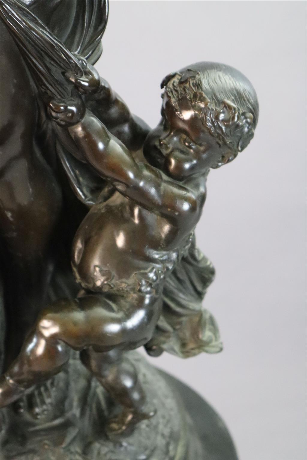 After Claude Michel Clodion (French 1738-1814). A bronze group of two Bacchantes and a putto, total height 6ft 2.5in.